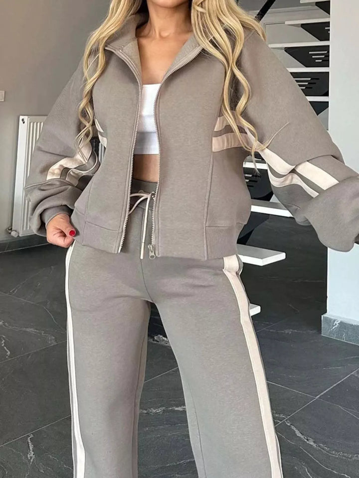 Full Size Contrast Stripe Zip Up Jacket and Pants Set Plus Size | Loungewear Sets Daverri Fashions