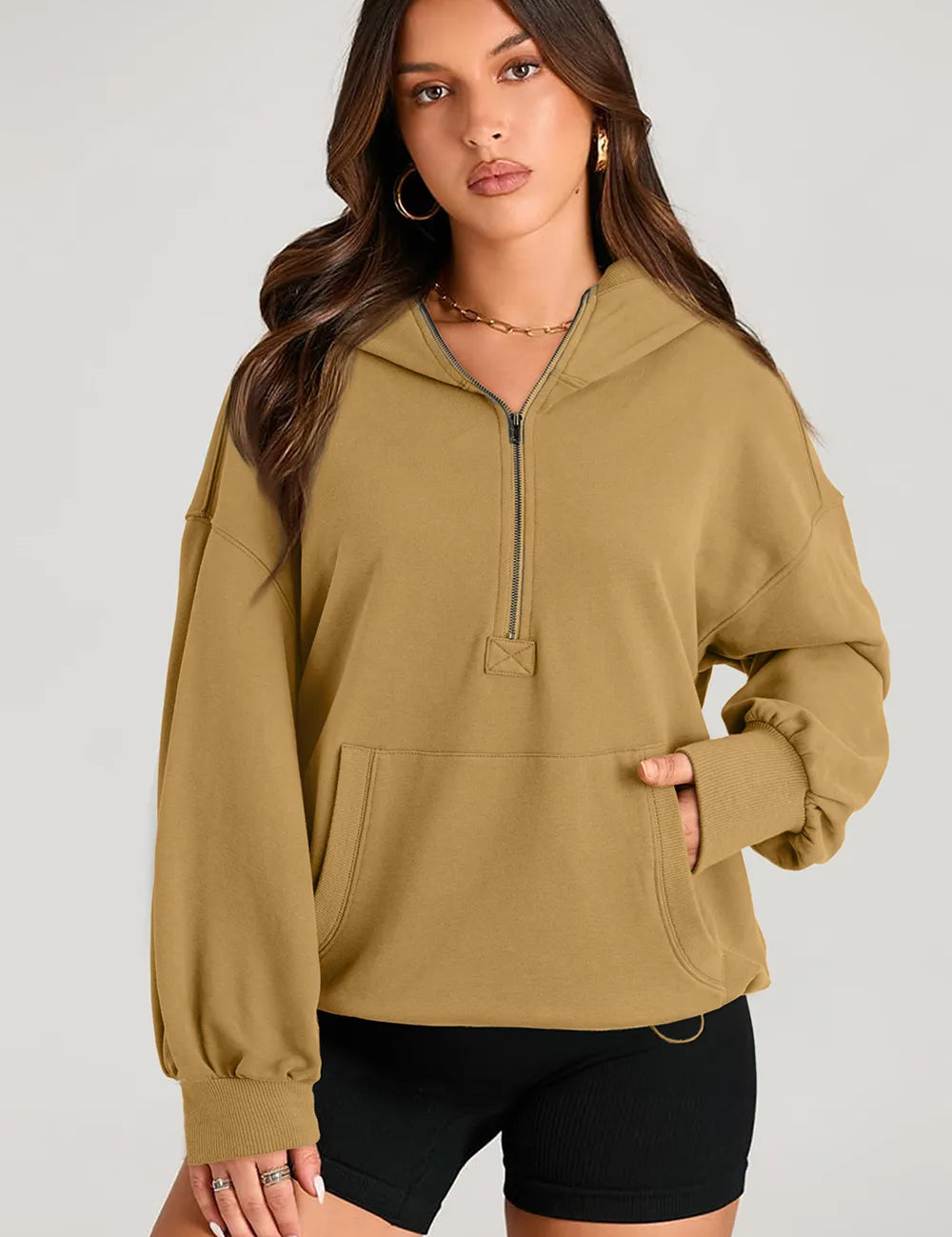 Pocketed Half Zip Long Sleeve Hoodie | Hoodies Daverri Fashions