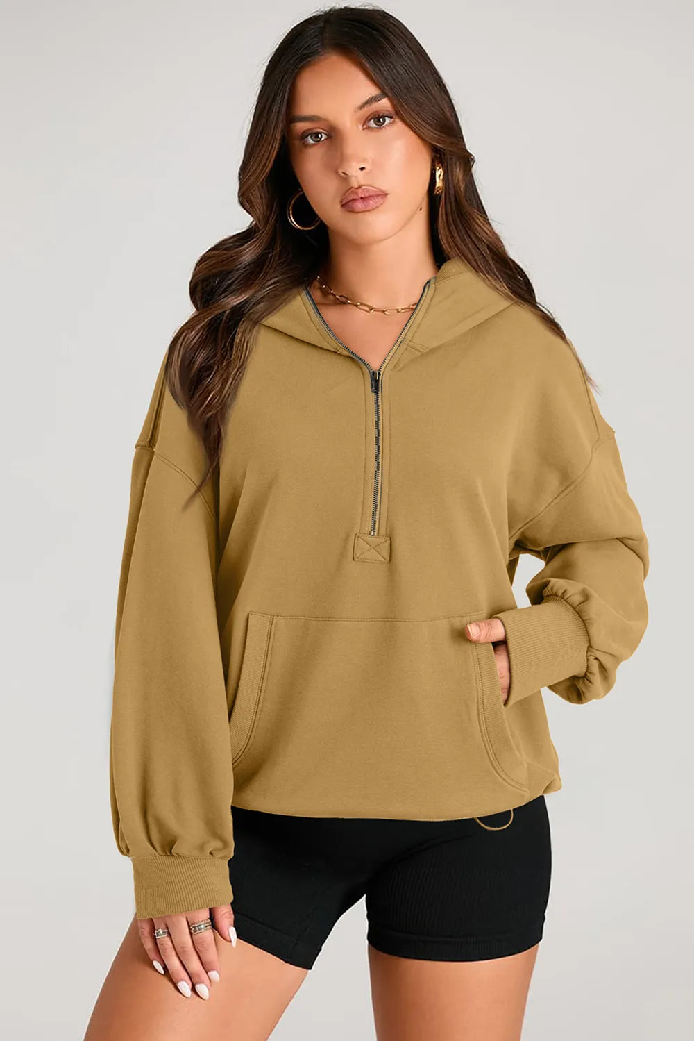 Pocketed Half Zip Long Sleeve Hoodie | Hoodies Daverri Fashions