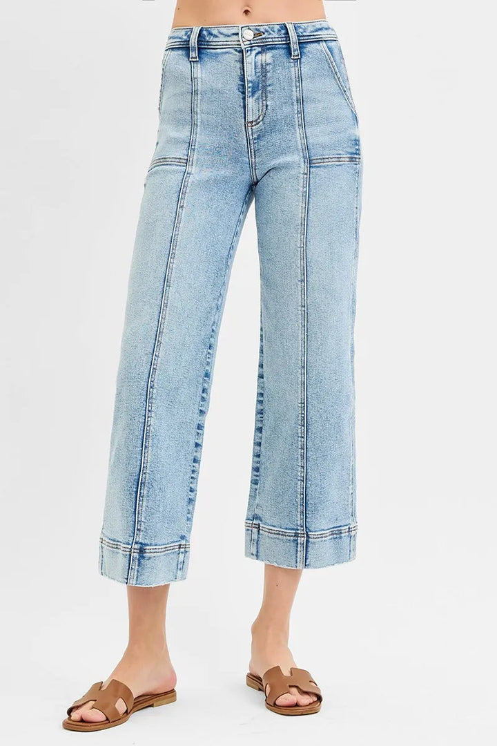 RISEN Full Size High Rise Crop Wide Front Seam Detailed Jeans Jeans