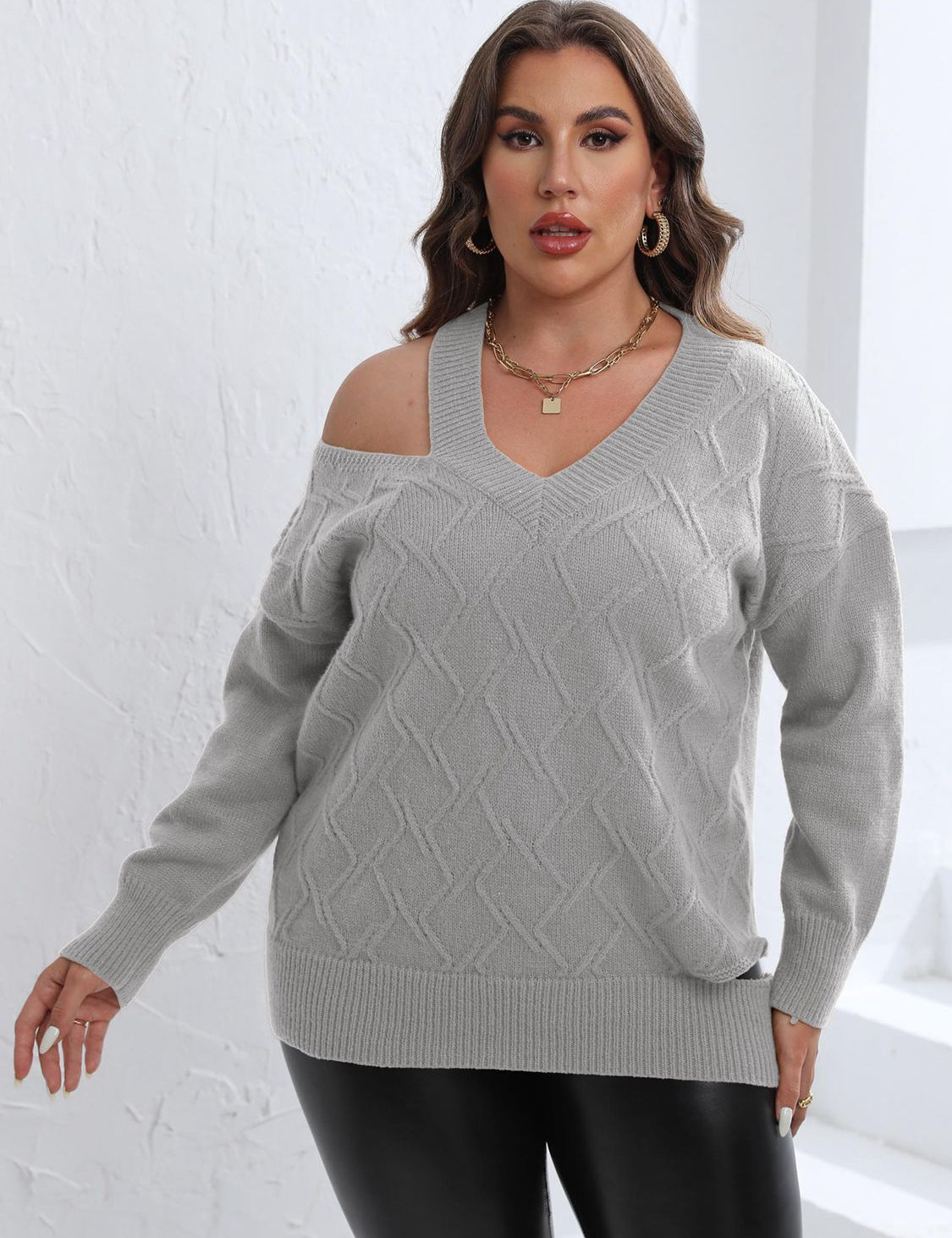 Plus size cutout V-neck grey cable knit cold shoulder sweater