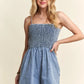 ADORA Smocked Spaghetti Strap Denim Romper Rompers