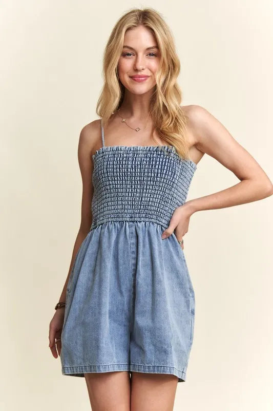 ADORA Smocked Spaghetti Strap Denim Romper Rompers