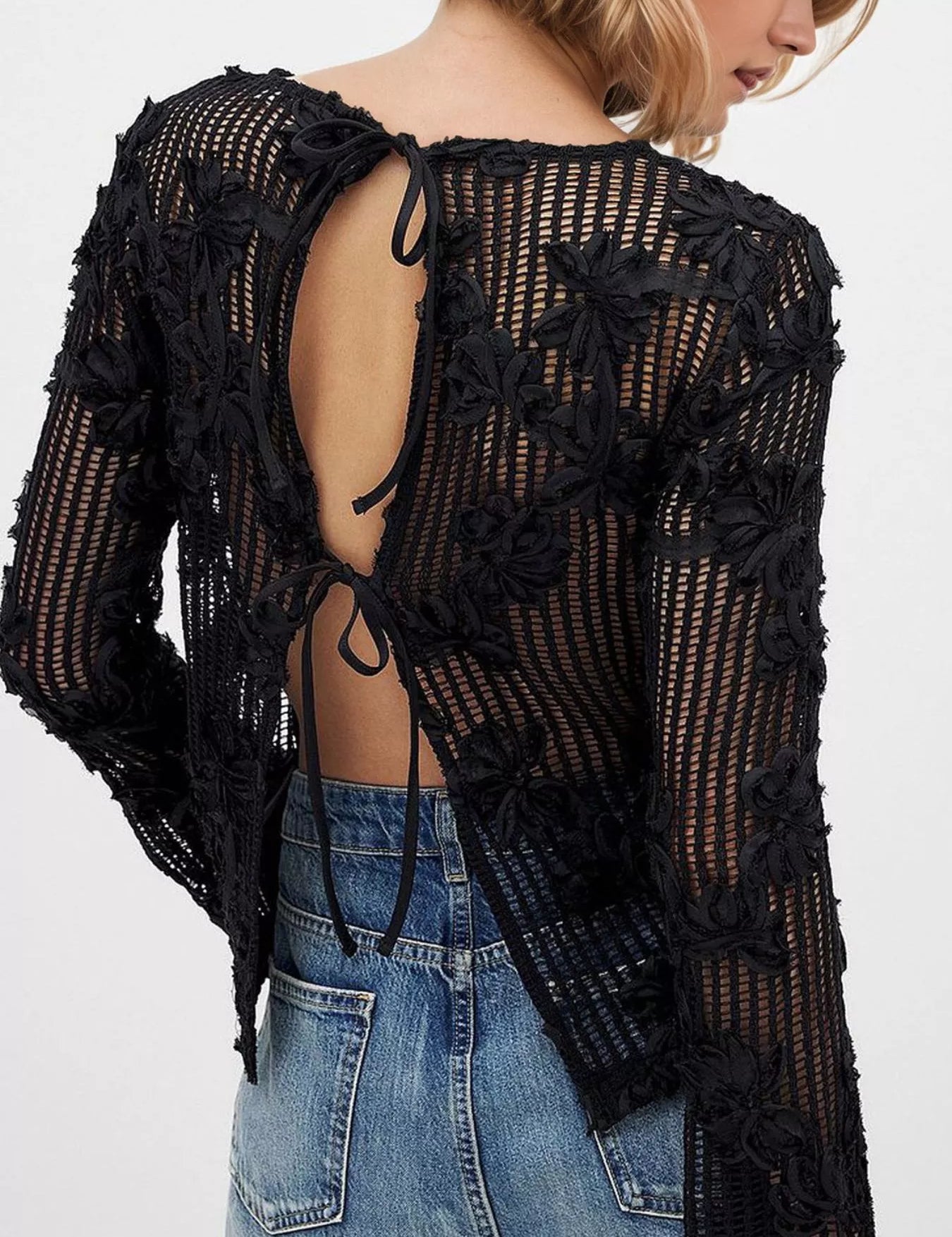 Openwork Tied Back Long Sleeve Blouse | Blouses Daverri Fashions