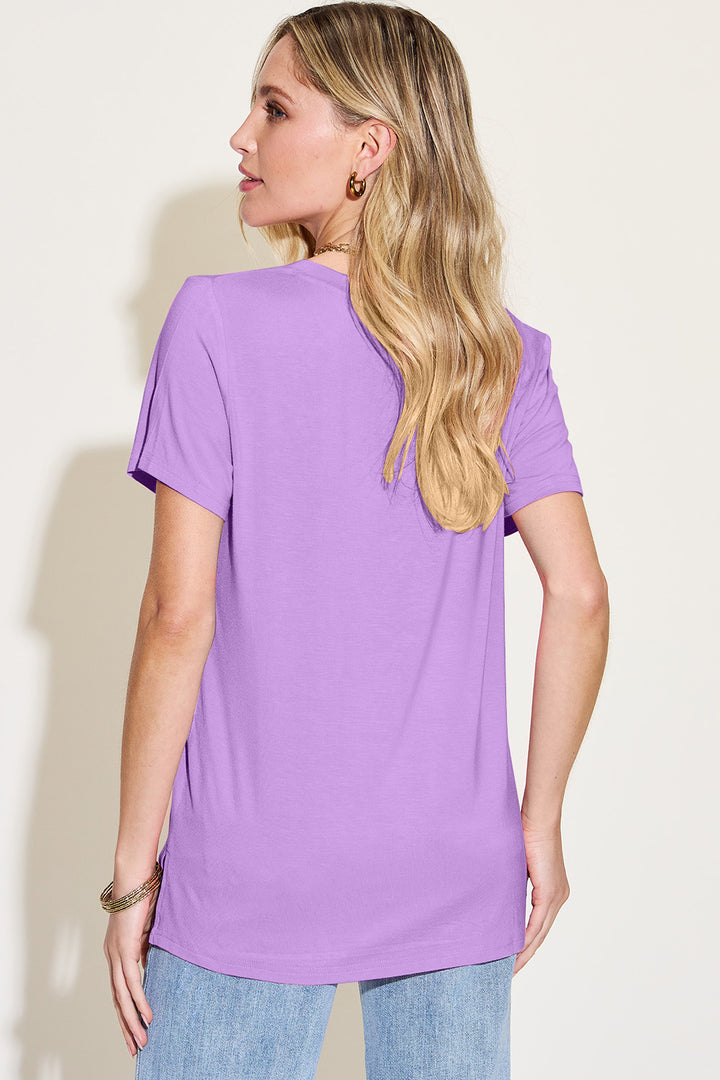 Bamboo Full Size V-Neck High-Low T-Shirt Tops