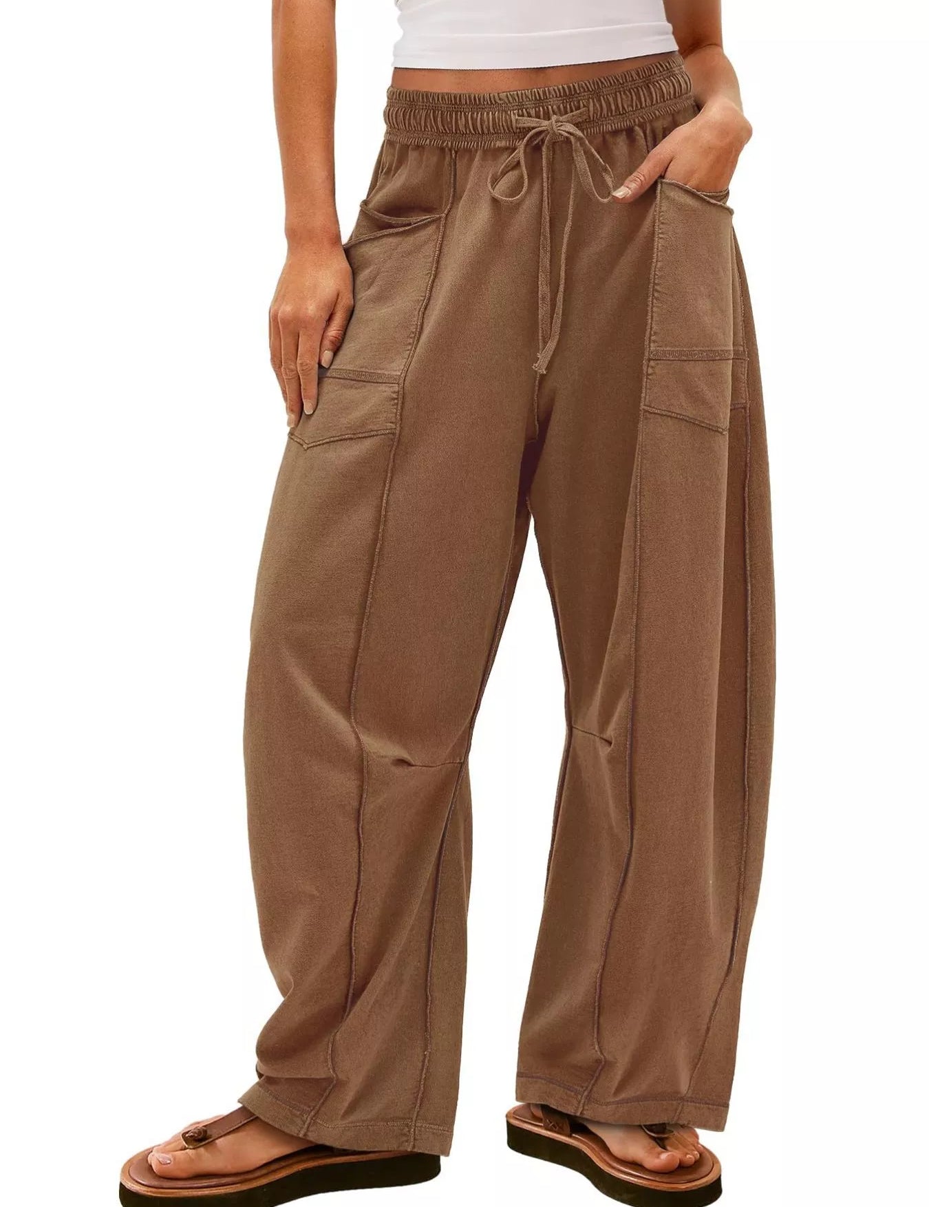 Brown Drawstring Wide Leg Elastic Waist Pants | Pants Daverri Fashions