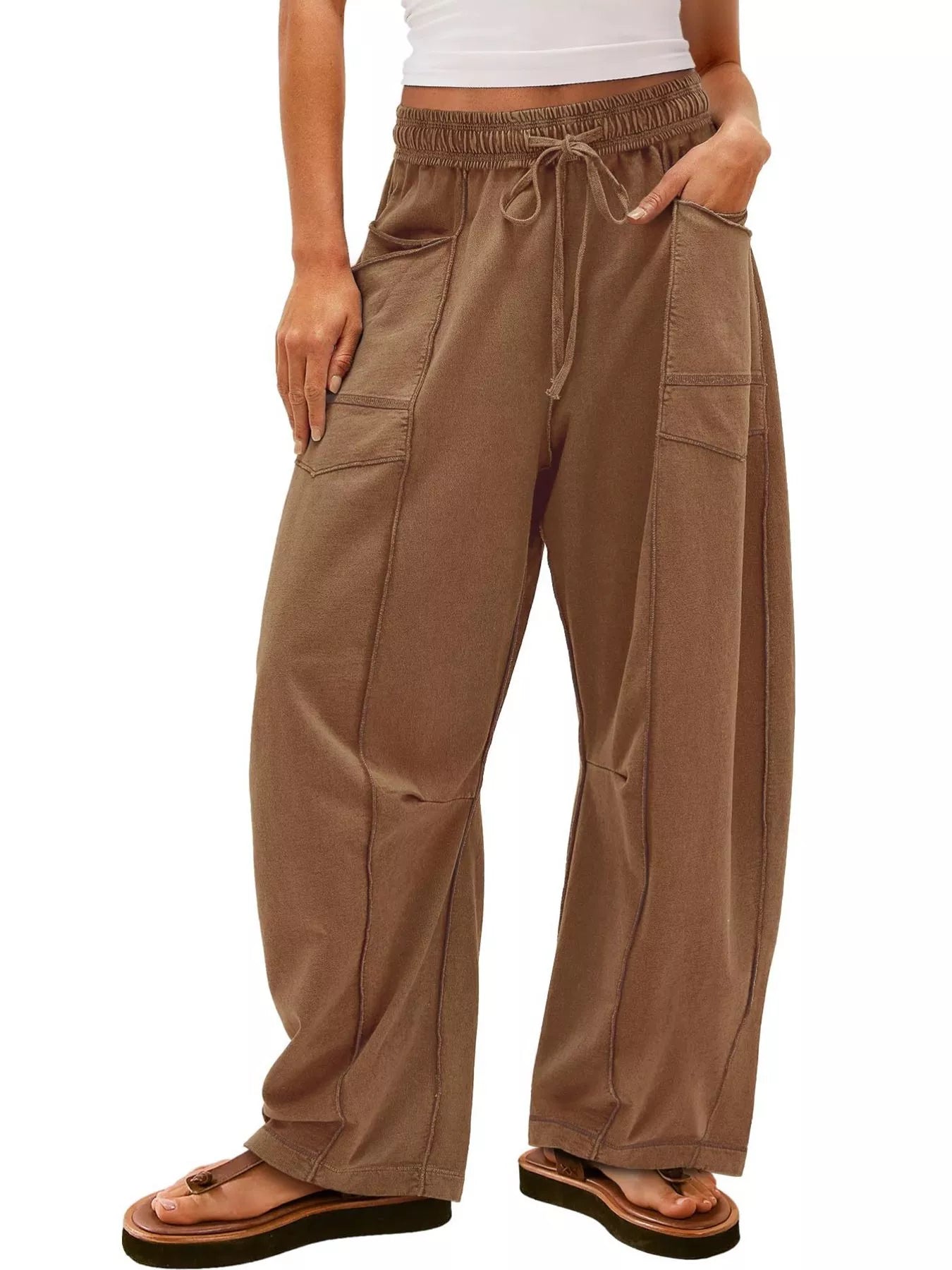 Brown Drawstring Wide Leg Elastic Waist Pants | Pants Daverri Fashions