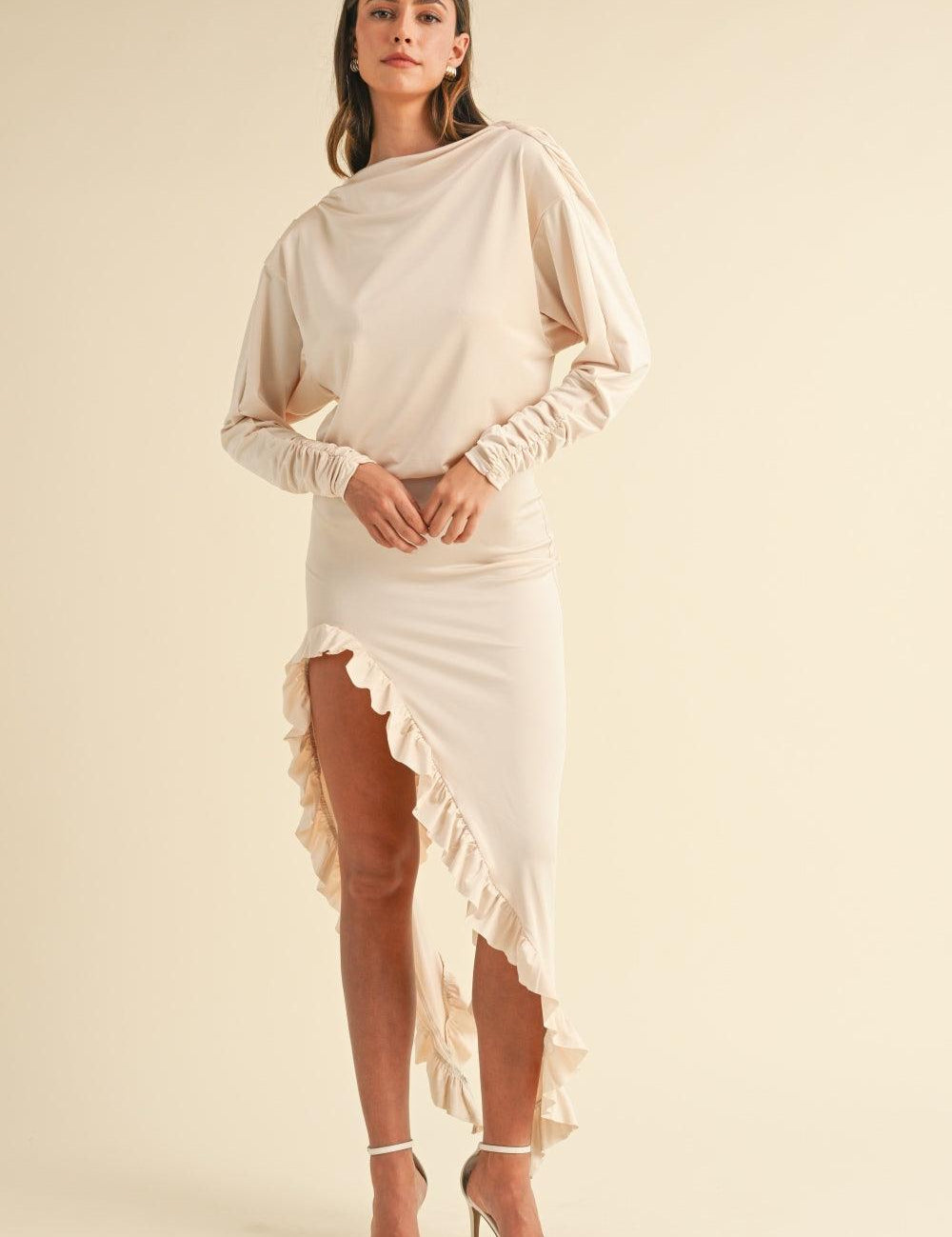 Cream Mable Backless Asymmetric Ruffle Hem Dress | Daverri Fashions