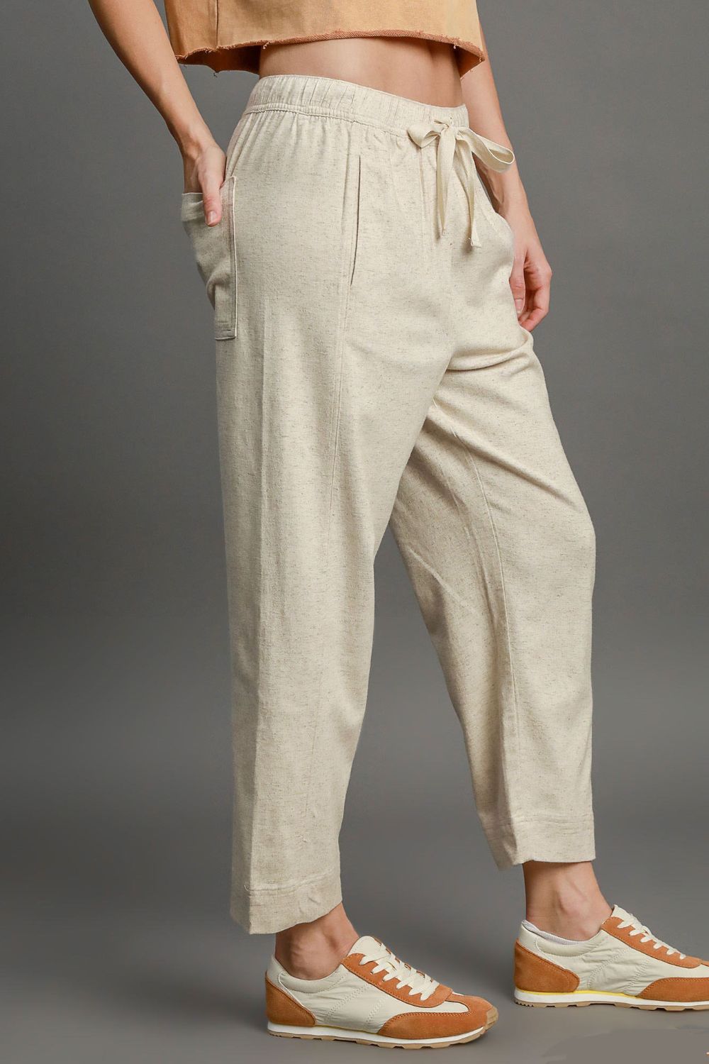 Umgee Full Size Drawstring Elastic Waistband Linen Blend Pants Plus Size