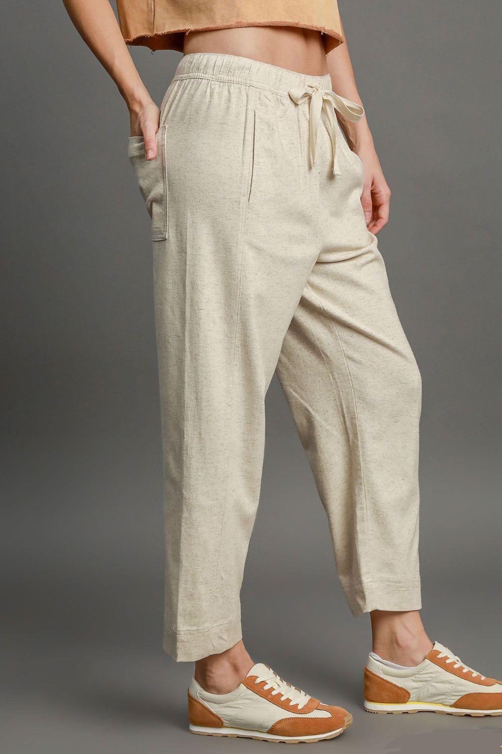 Umgee Full Size Drawstring Elastic Waistband Linen Blend Pants Plus Size Pants