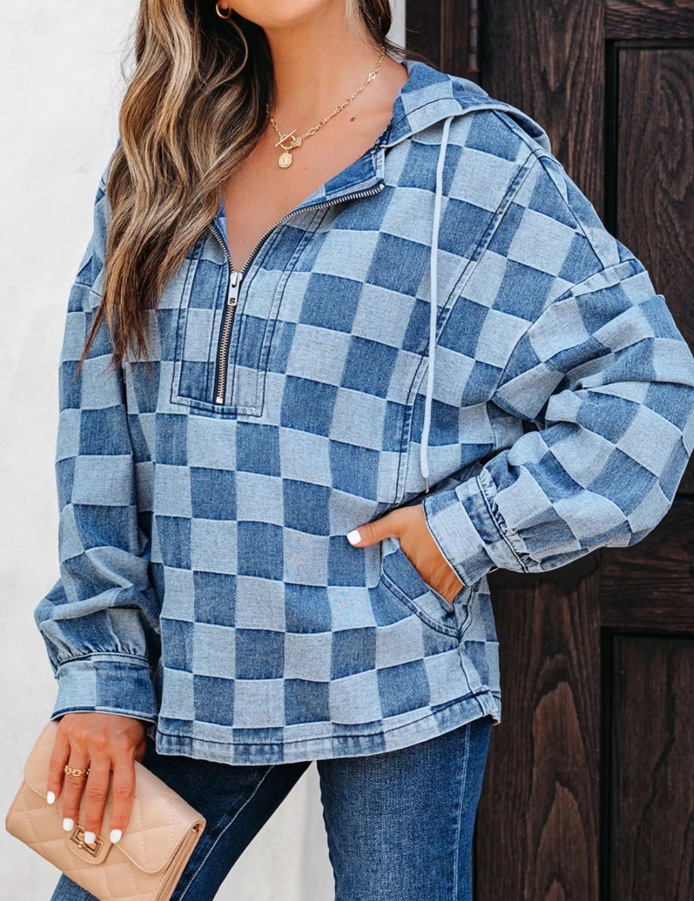 Checkered Half Zip Denim Hoodie Top | Hoodies Daverri Fashions