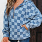 Checkered Half Zip Denim Hoodie Top - DAVERRI FASHIONS