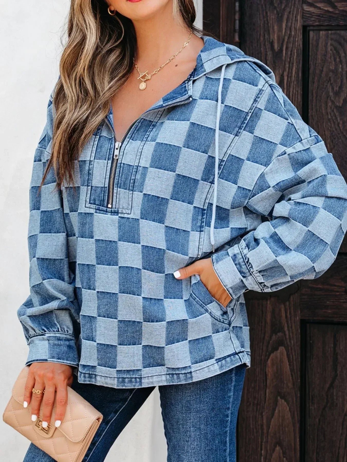 Checkered Half Zip Denim Hoodie Top - DAVERRI FASHIONS