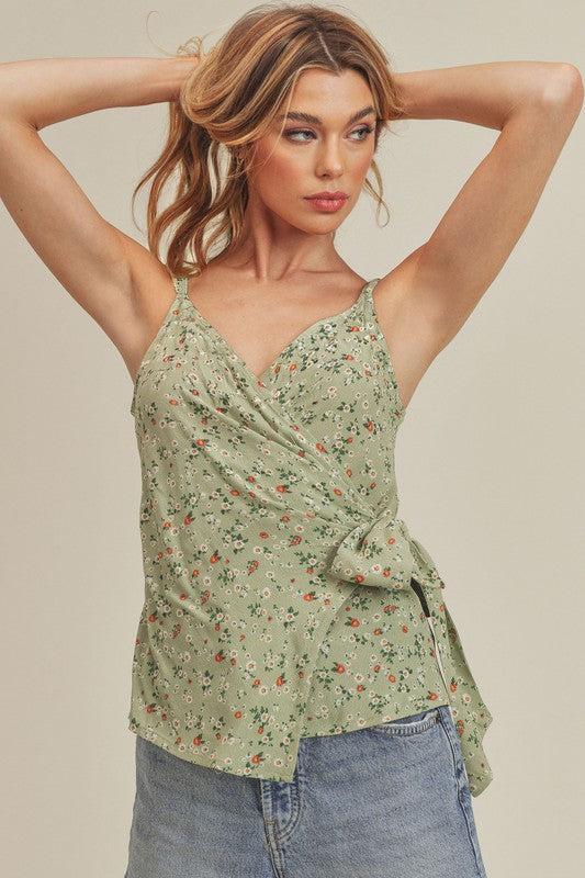 Aemi + Co Ditsy Floral Surplice Adjustable Straps Cami Green Floral