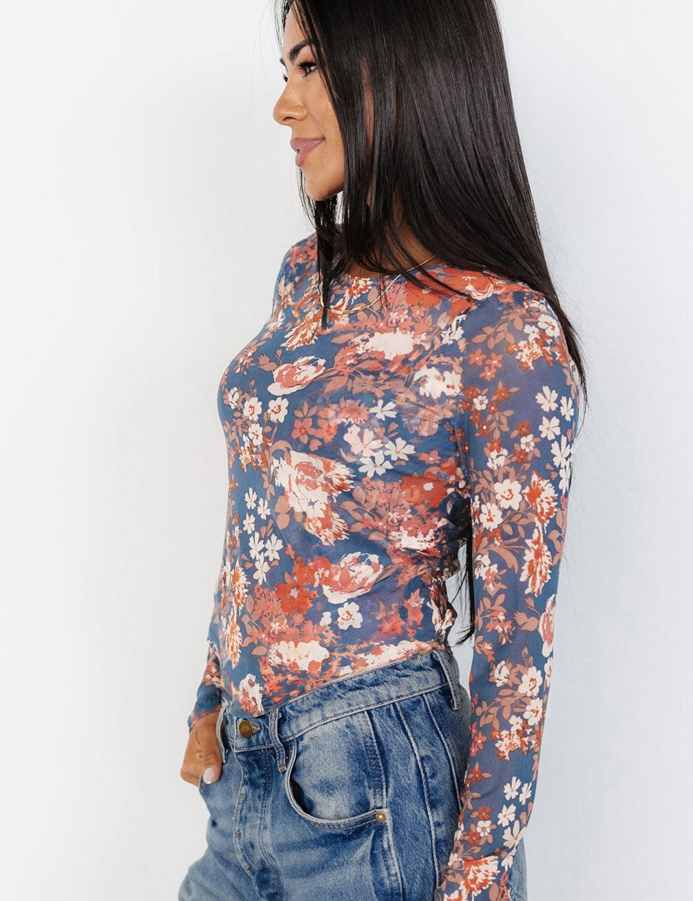 Floral Print Mesh Fitted Long Sleeve Top | Tops Daverri Fashions