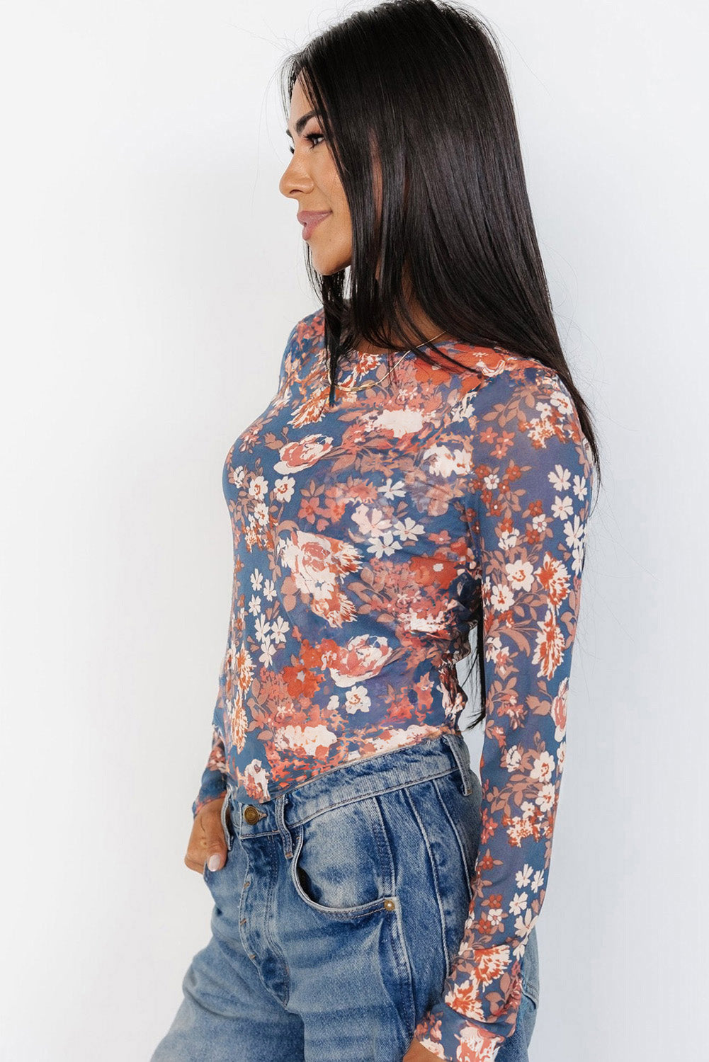 Floral Print Mesh Fitted Long Sleeve Top | Tops Daverri Fashions