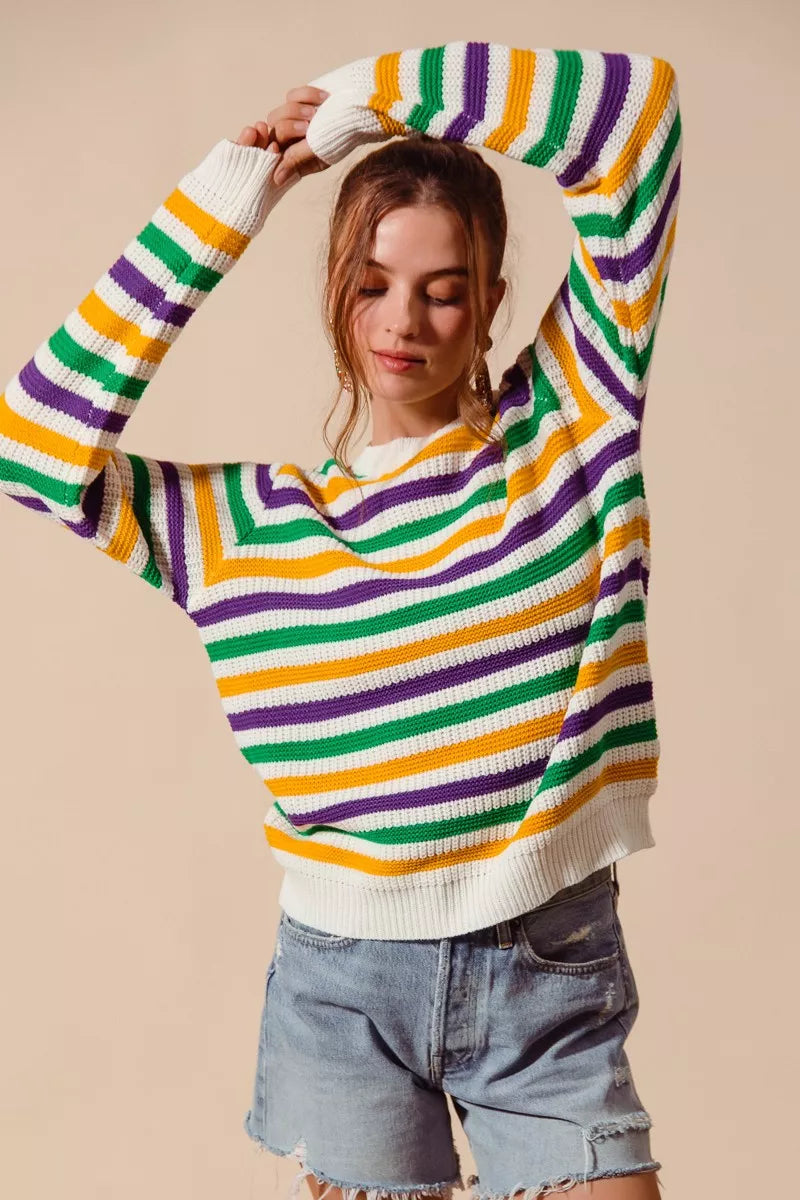 SO ME Mardi Gras Color Stripe Knit Sweater Top in vibrant stripes