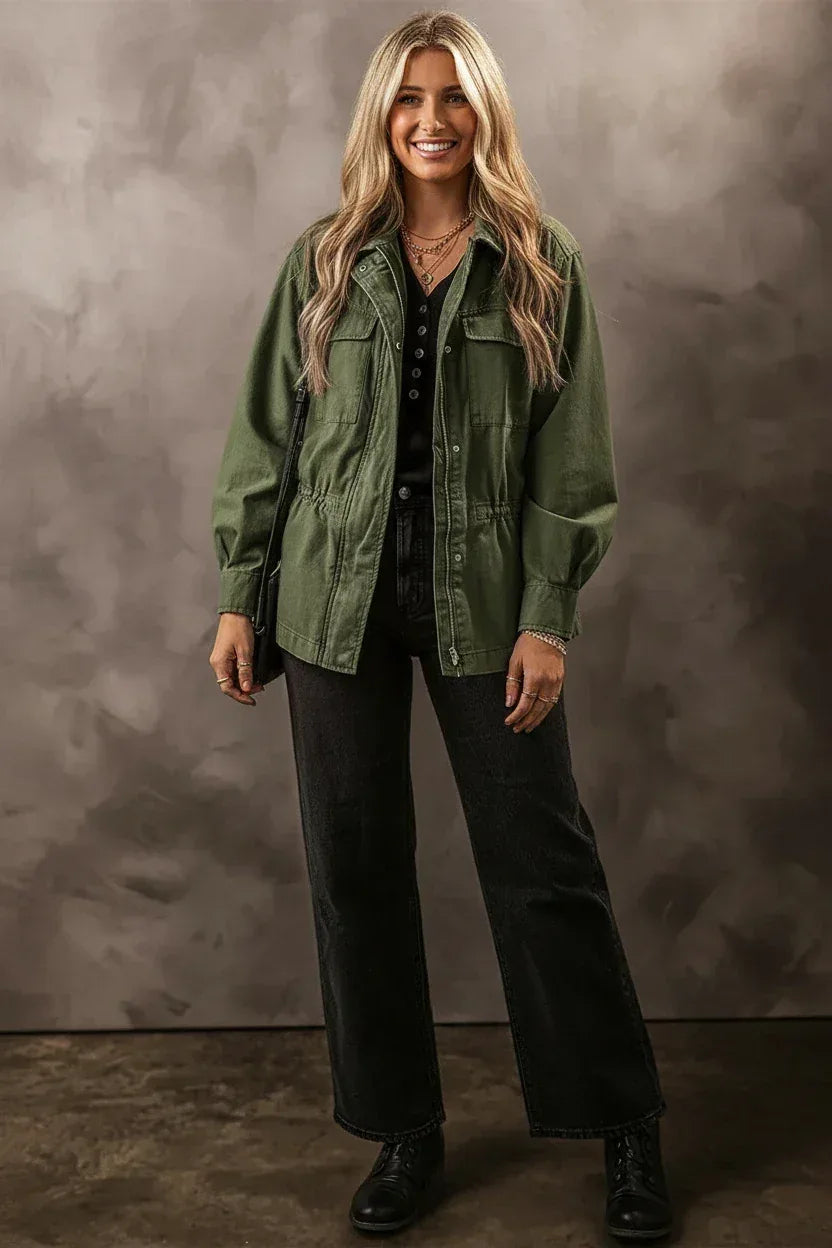 Daverri Fashions Zip Up Long Sleeve Cotton Jacket - DAVERRI FASHIONS