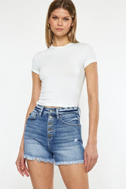 Medium Kancan Button Fly High Rise Raw Hem Denim Shorts | Daverri Fashions