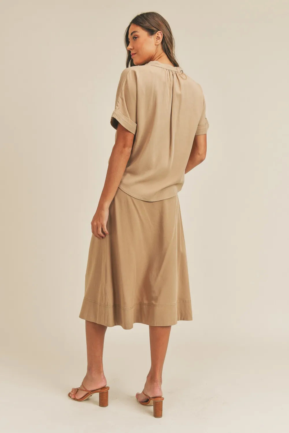 MABLE Short Sleeve Top and Button Down Midi Skirt Set Skirt Sets