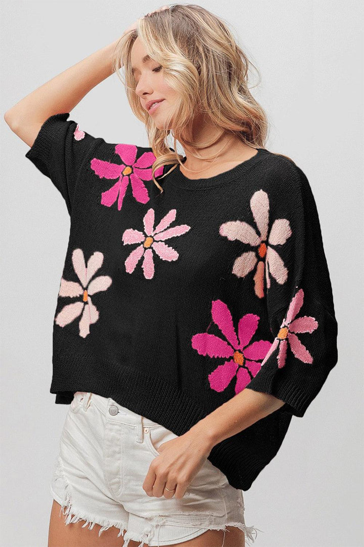 BiBi Floral Pattern Cropped Sweater Black Pink Fuchsia Sweaters