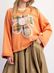 Plaid Flower Patched Round Neck T-Shirt | T-Shirts Daverri Fashions