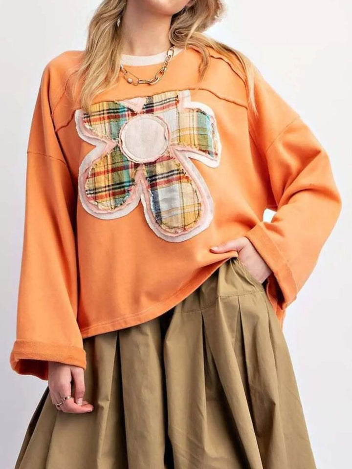 Plaid Flower Patched Round Neck T-Shirt | T-Shirts Daverri Fashions
