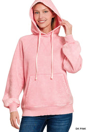 Zenana Acid Wash Fleece Hoodie with Kangaroo Pocket Dk Pink | Hoodies Daverri Fashions