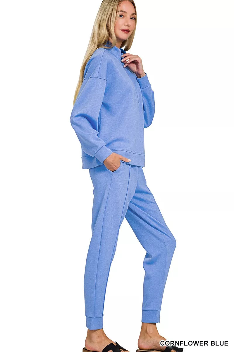 Zenana Scuba Half Zip Cornflower Blue Loungewear Set