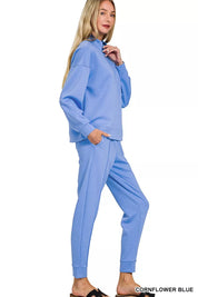 Zenana Scuba Half Zip Cornflower Blue Loungewear Set
