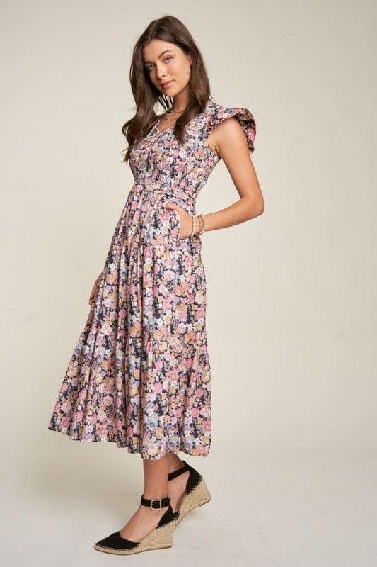 Vintage Garden Floral Flutter Smocking Midi Dress Mid Dresses