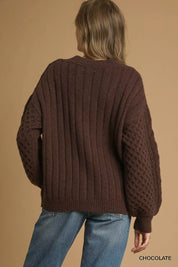 Umgee Cable Knit Pearl Button Cardigan Chocolate | Cardigans Daverri Fashions