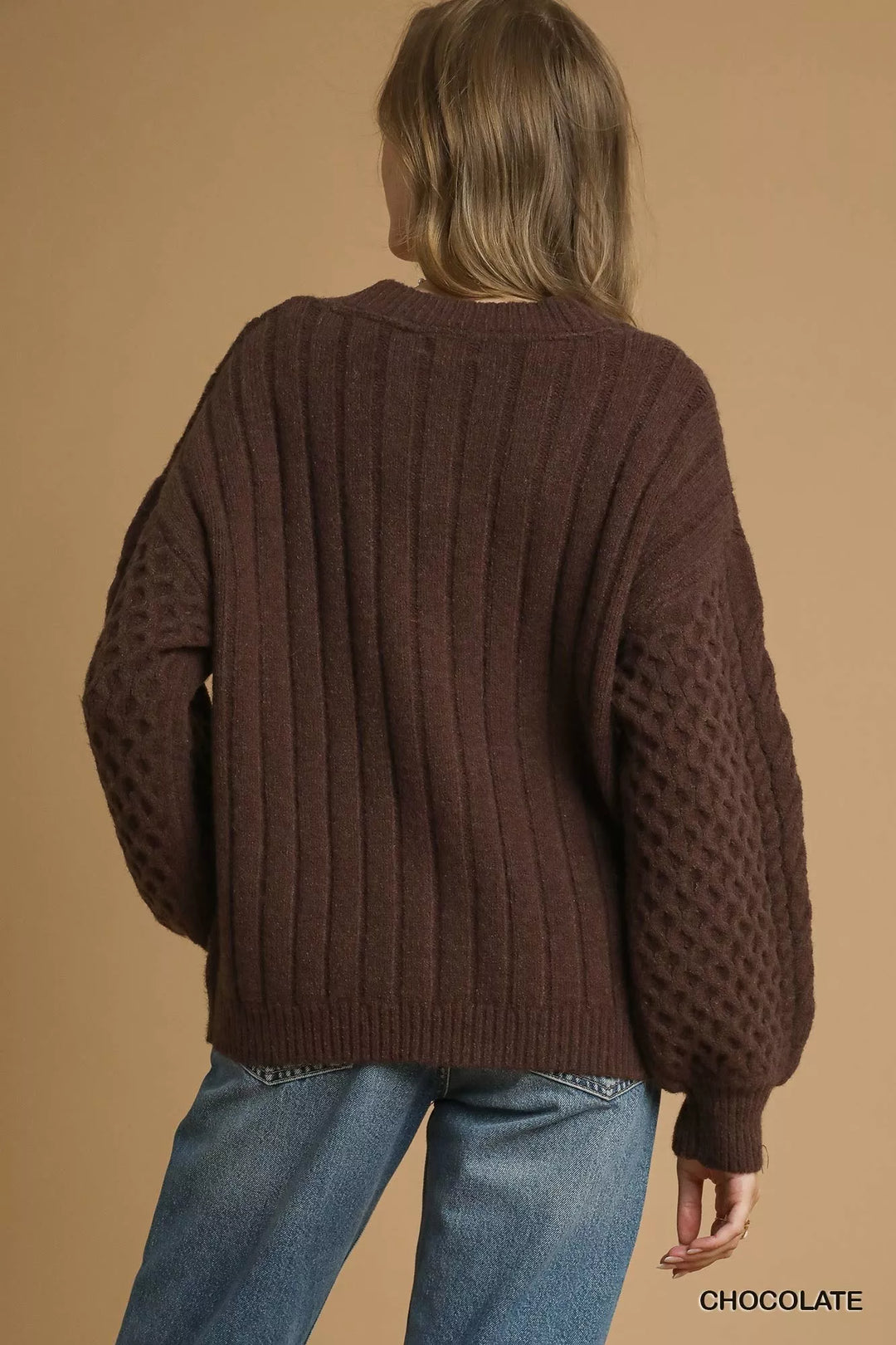 Umgee Cable Knit Pearl Button Cardigan Chocolate | Cardigans Daverri Fashions