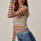 Woman in SO ME Mardi Gras Color Stripe Stretch Mesh Top