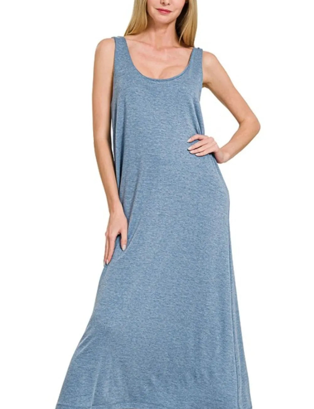 DUSTY BLUE Zenana French Terry Twisted Strap Midi Dress | Daverri Fashions