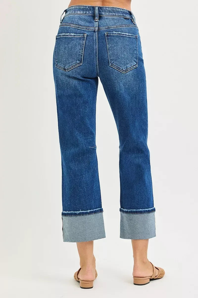RISEN High Rise Straight Jeans with Distressed Hem - DAVERRI FASHIONS