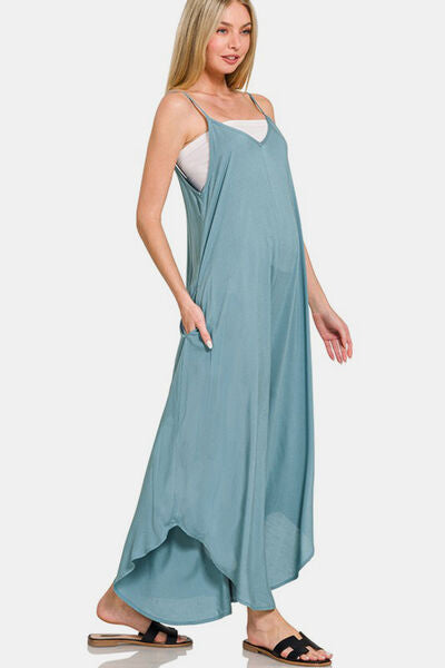 Zenana Spaghetti Strap Wide Leg Overalls with Pockets Overalls