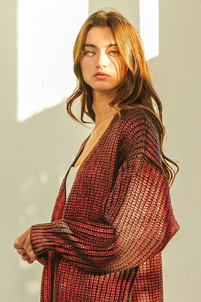 BiBi Metallic Knit V-Neck Open Sweater Cardigan in red-maroon gradient