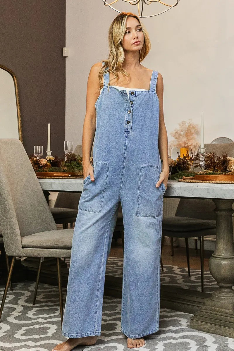 BiBi Washed Denim Buttoned Overall Jumpsuit Jumpsuits
