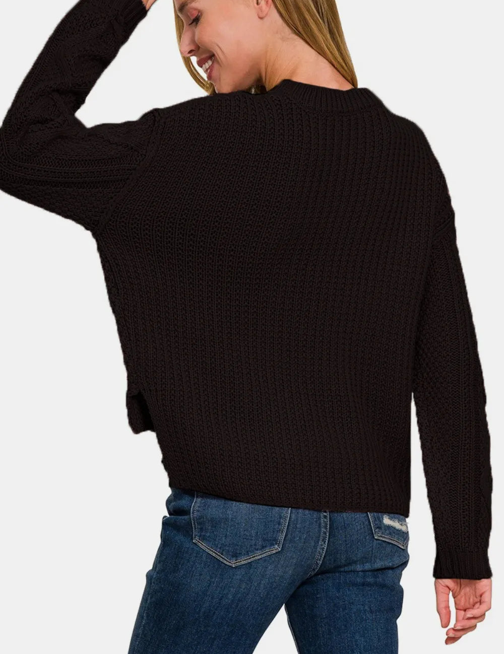 Zenana Cropped High Low Cable Sweater with Side Slits | Sweaters Daverri Fashions