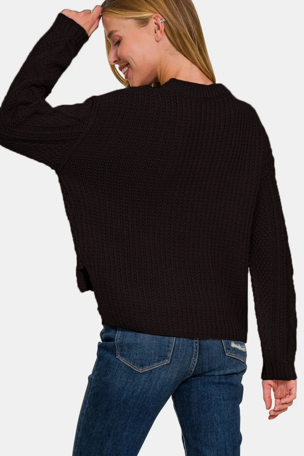 Zenana Cropped High Low Cable Sweater with Side Slits | Sweaters Daverri Fashions