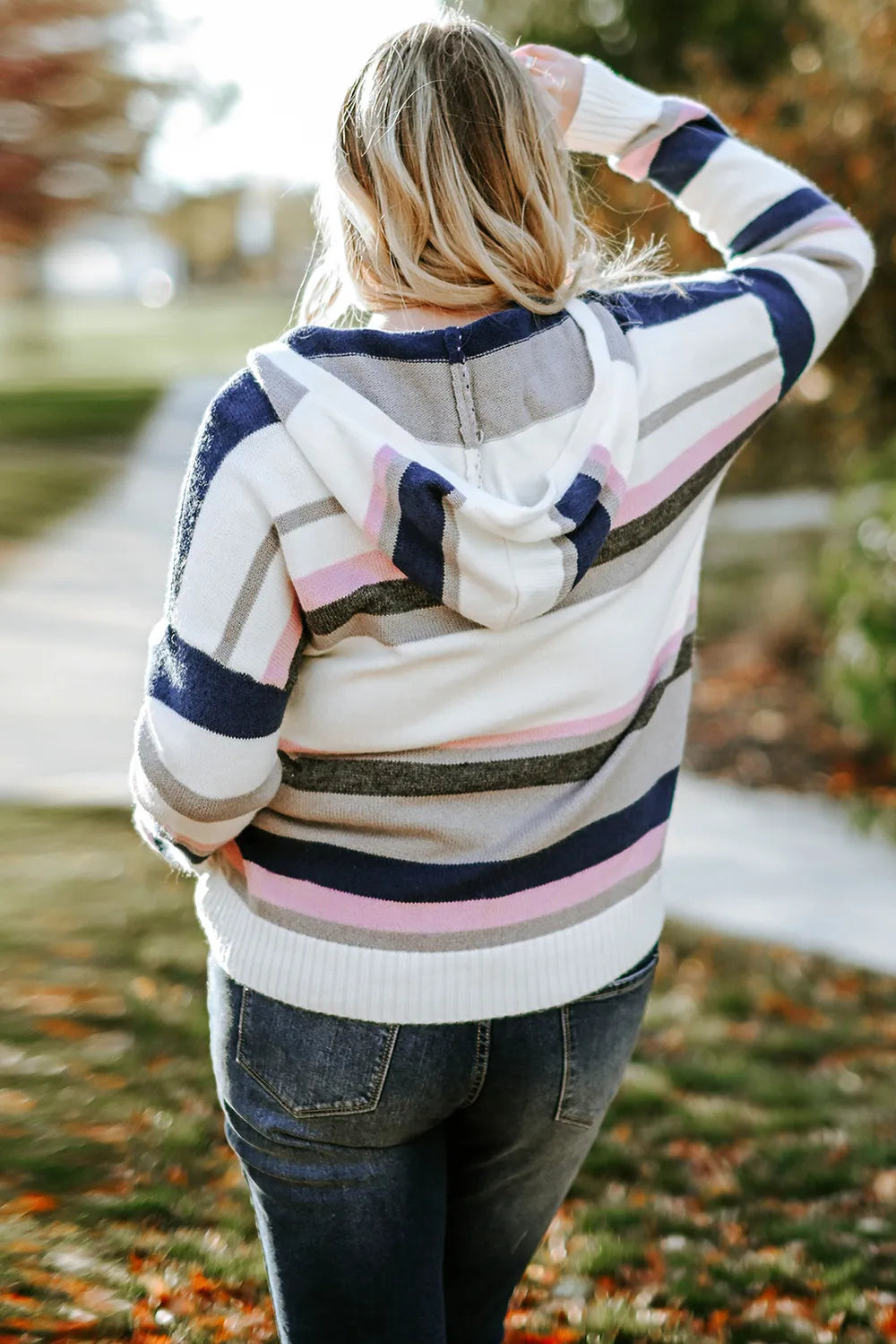 Plus Size Striped Long Sleeve Hooded Sweater | Daverri Fashions