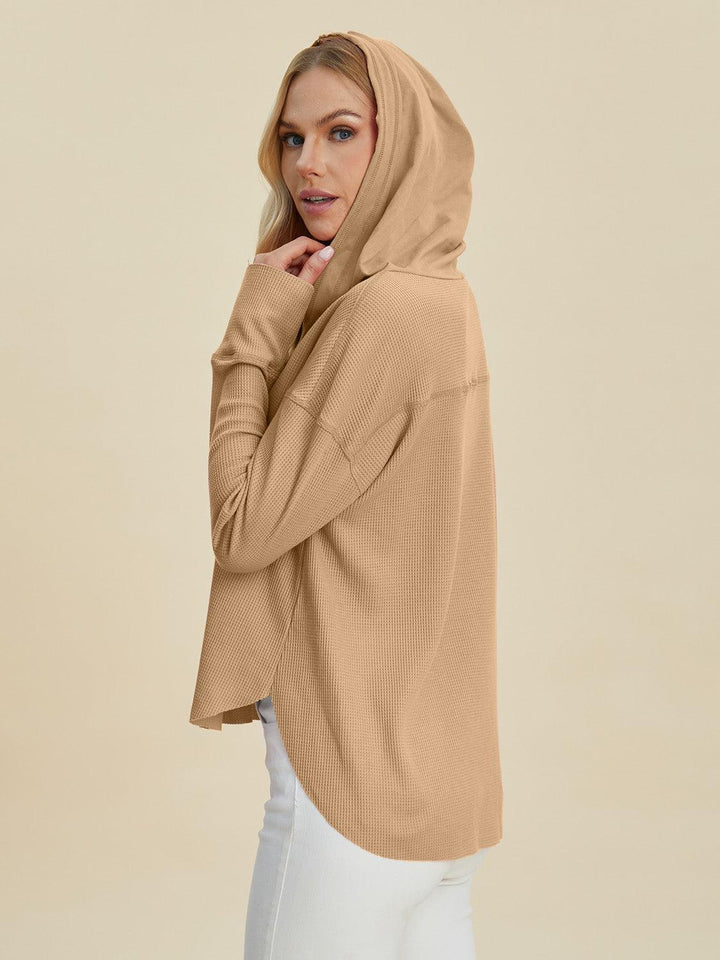 High-Low Dropped Shoulder Long Sleeve Hoodie Shirts & Tops