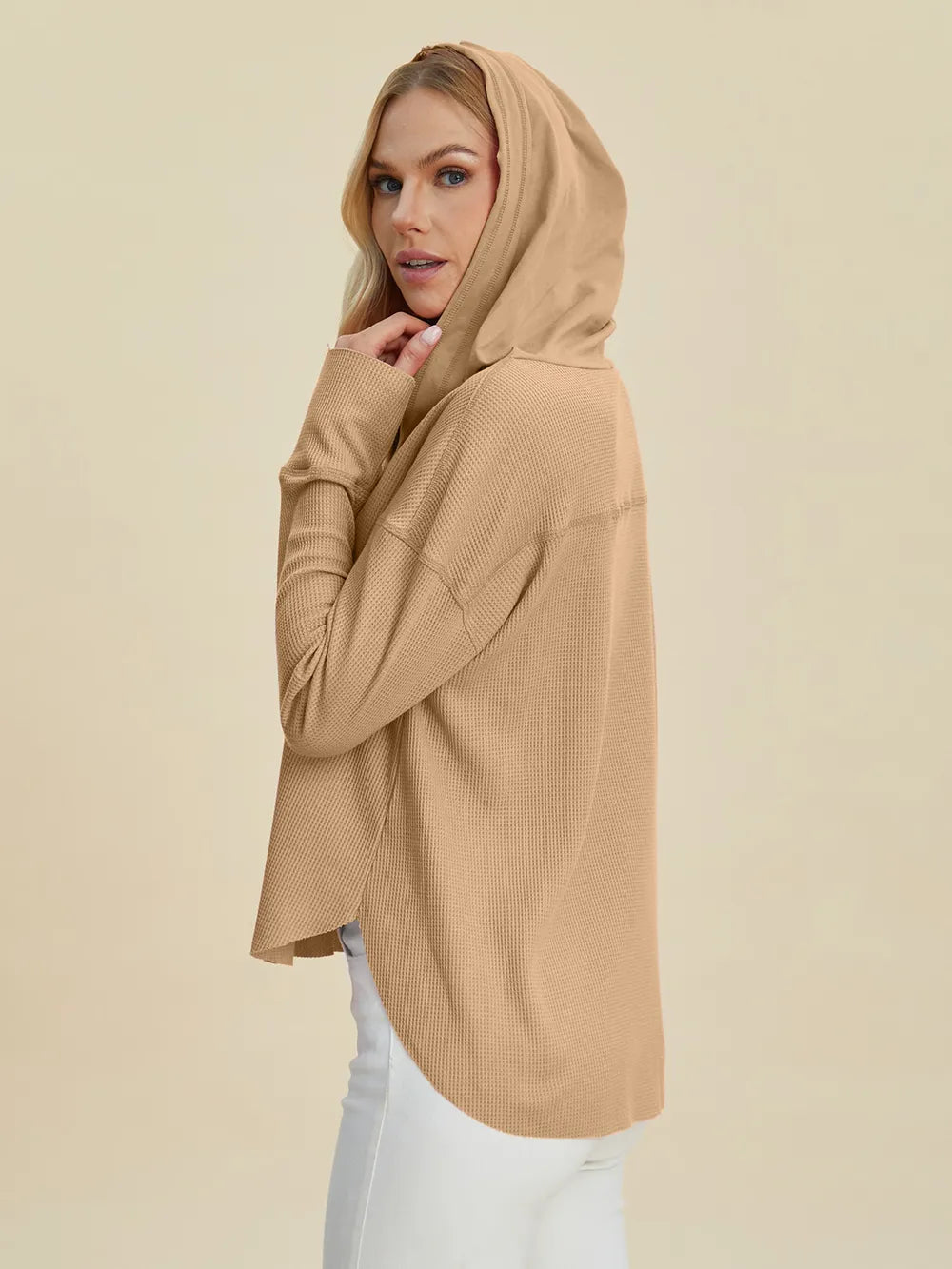 Double Take Full Size High-Low Dropped Shoulder Long Sleeve Hoodie | Hoodies Daverri Fashions