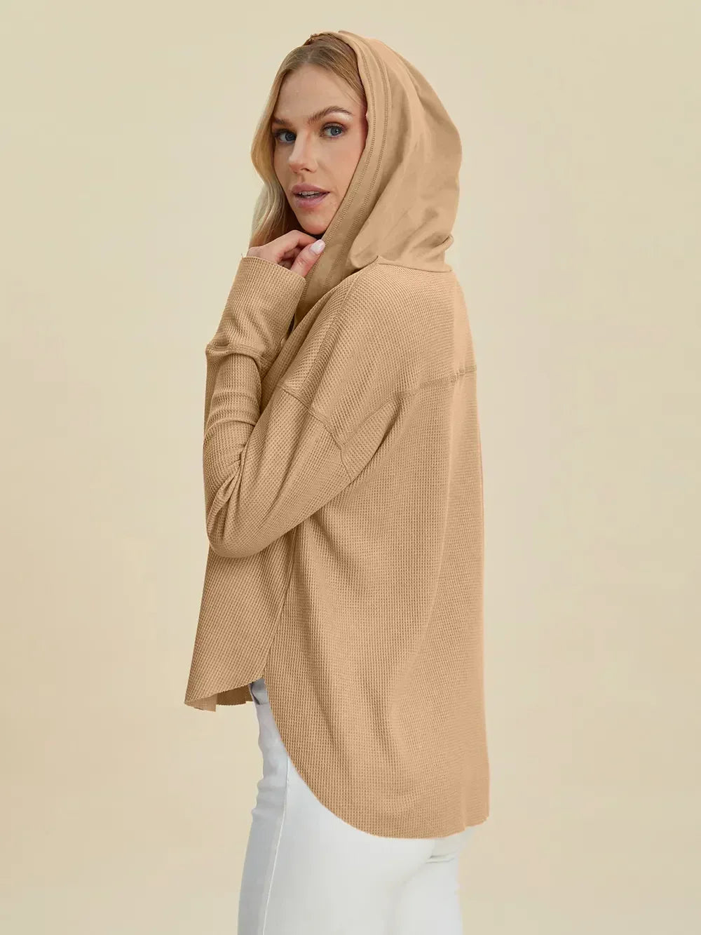 Double Take Full Size High-Low Dropped Shoulder Long Sleeve Hoodie - DAVERRI FASHIONS