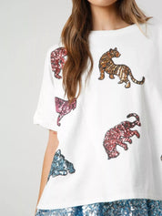 Sequin Tiger Round Neck T-Shirt | T-Shirts Daverri Fashions