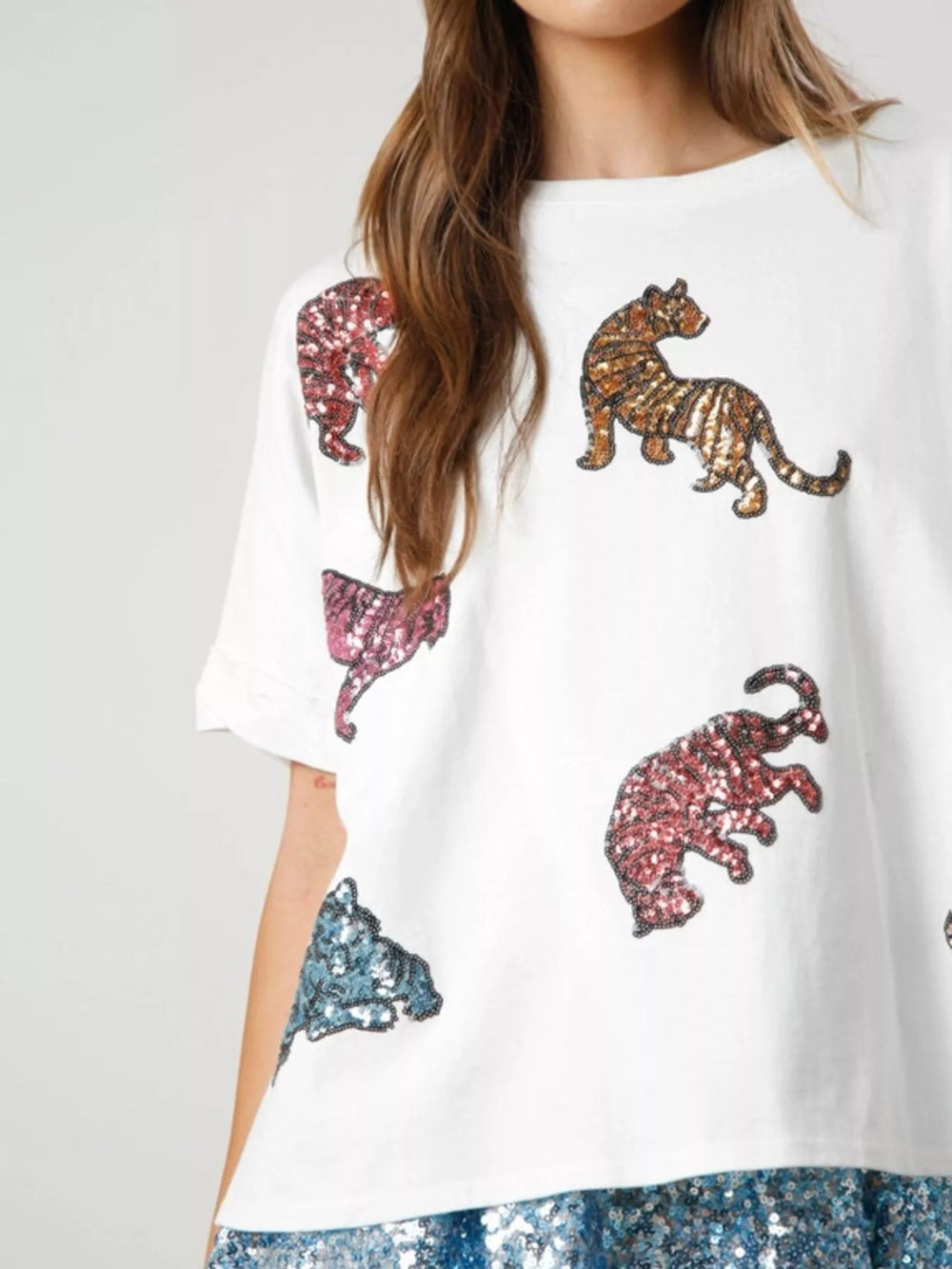 Sequin Tiger Round Neck T-Shirt | T-Shirts Daverri Fashions
