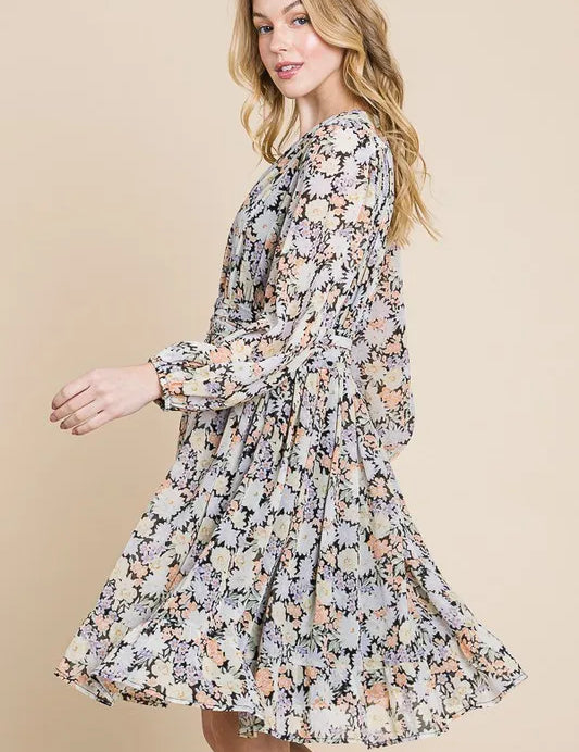 Lime 'N' Chili Chiffon Floral Print Belted Dress with Back Zipper | Daverri Fashions