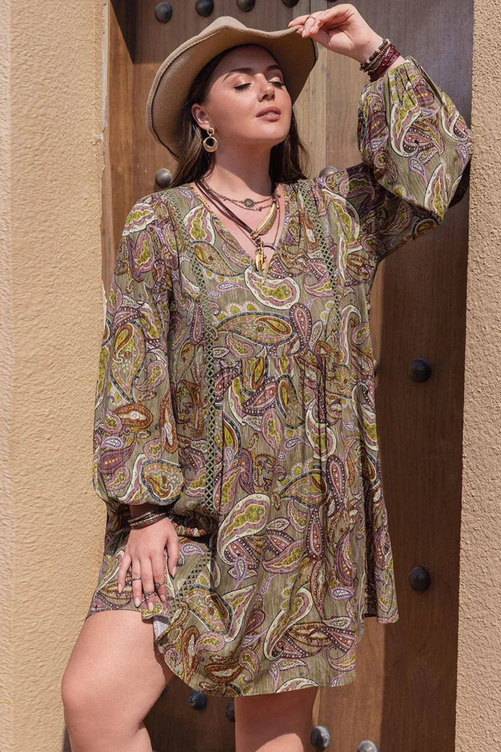 Plus Size Printed V-Neck Long Sleeve Midi Dress - DAVERRI FASHIONS
