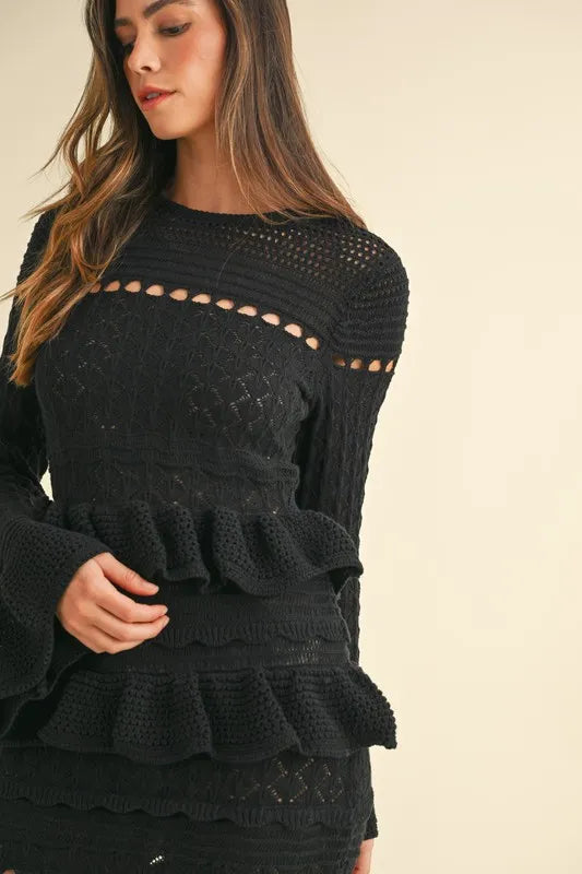 MABLE Long Sleeve Tiered Ruffle Knit Midi Dress